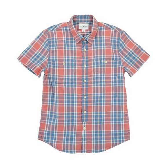 Lucky Brand Men's Shirt Rust Blue White Plaid Short Sleeve Button Up Small - Picture 1 of 4